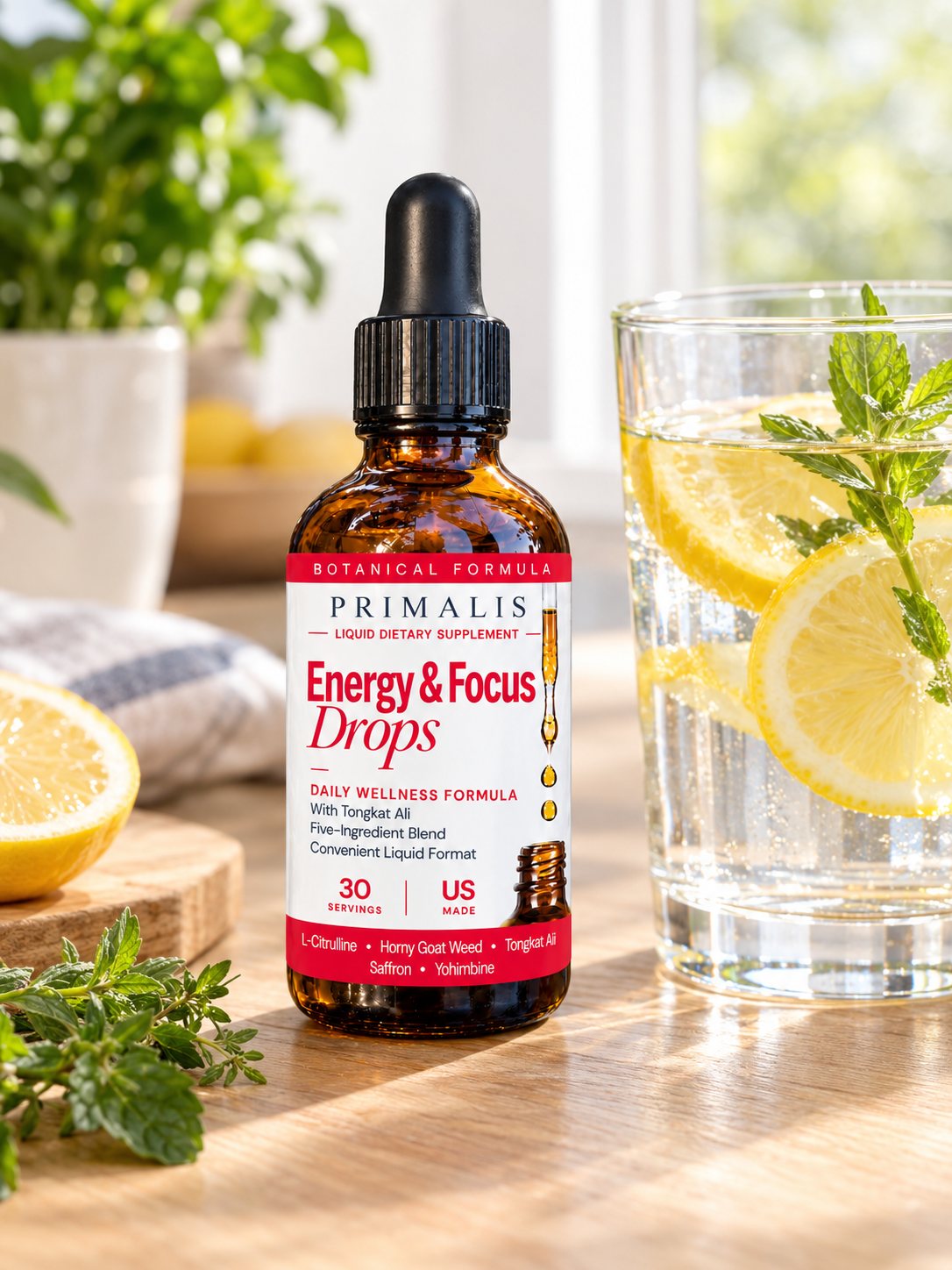 Primalis Energy & Focus Drops with a glass of water
