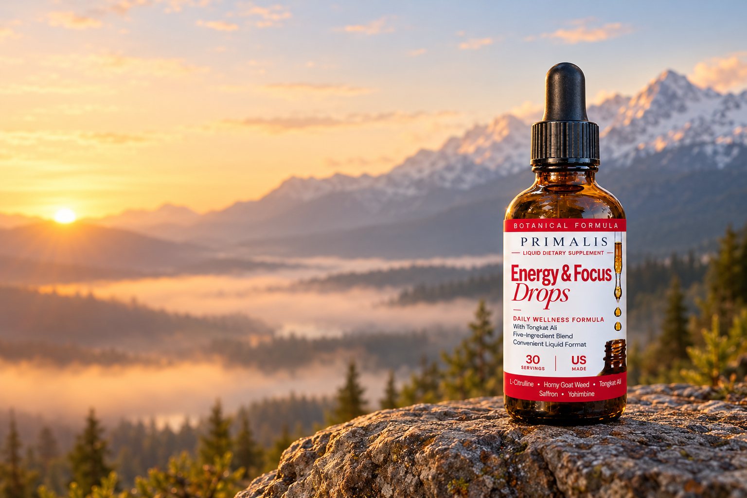 Primalis Energy & Focus Drops on a mountain ledge at sunrise