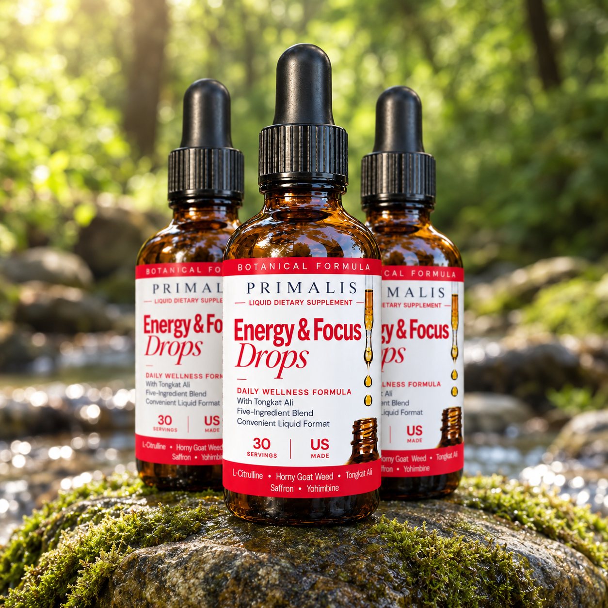 Three bottles of Primalis Energy & Focus Drops